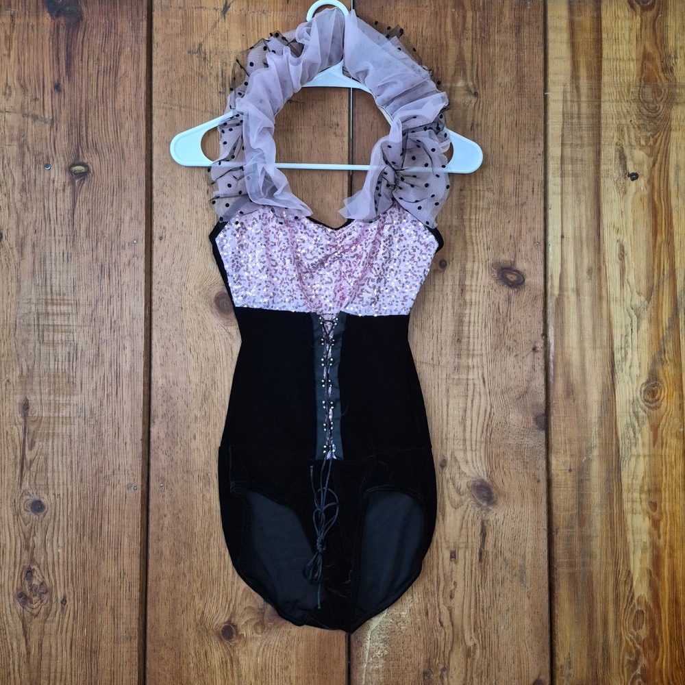 Weissman Kid's Pink Sequin Black Velvet Tulle Ruffle Dance Leotard Costume 5713